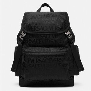 Versace All Over Logo Black Nylon Backpack Unisex Silver Hardware